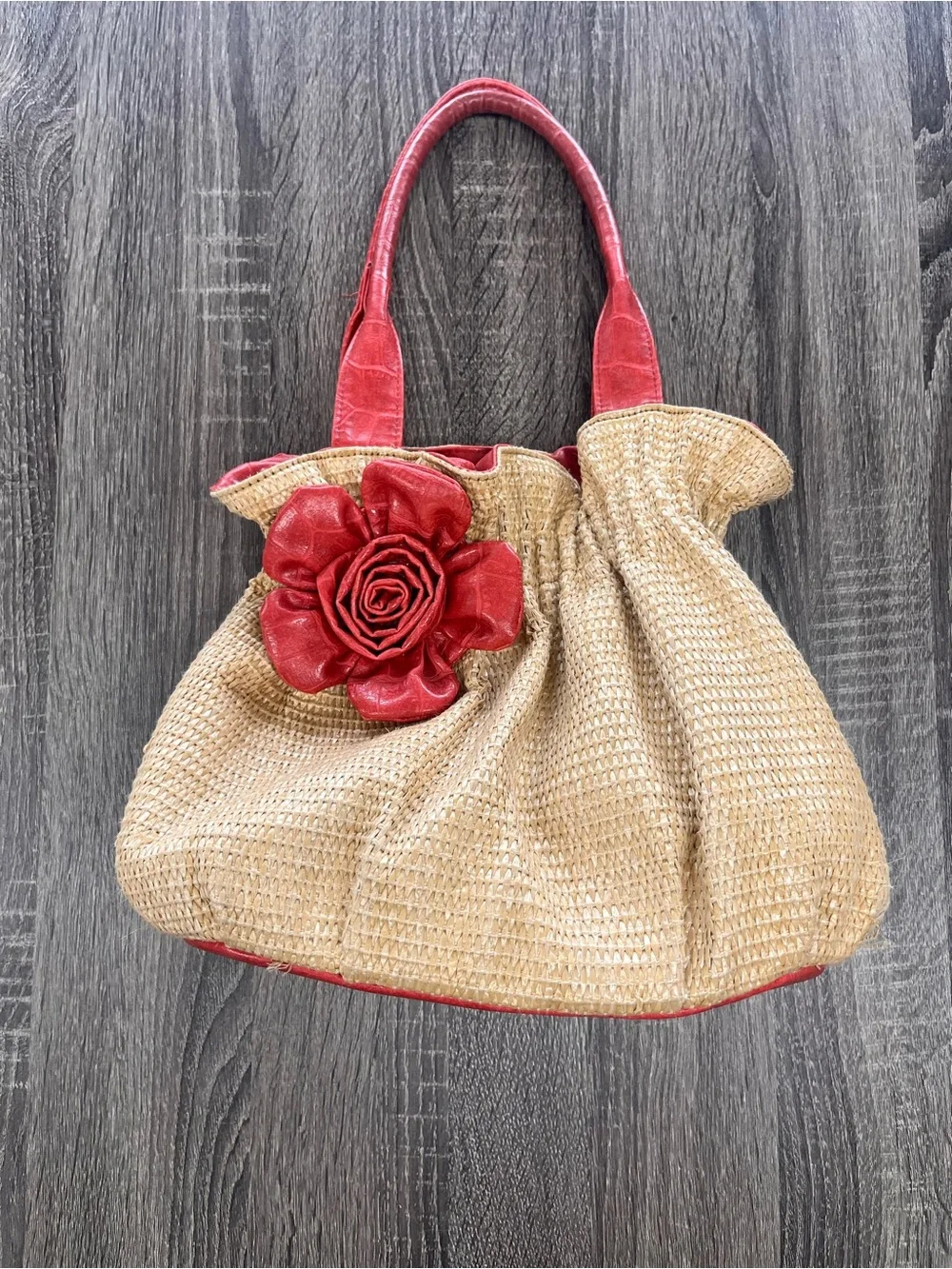 Y2K Bueno Red Floral Accent Straw Hobo Bag EUC